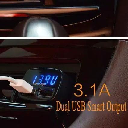 ★ cas carging charger hp dari mobil 4 in 1 volt ampere meter 2 usb 3.1a - Hitam ➨