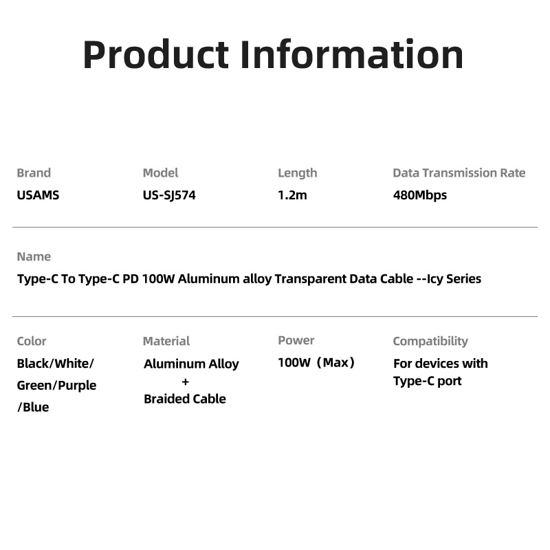 USAMS Icy Series Kabel Data Fast Charging Type C to Type C PD 100W