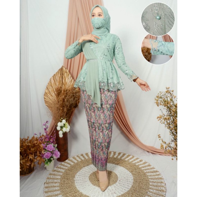 COD~SET KEBAYA MODERN AURORA TULLE SELENDANG/KEBAYA BROKAT/KEBAYA PESTA/KEBAYA WISUDA/TUNIK BROKAT-Set Hijau Wardah