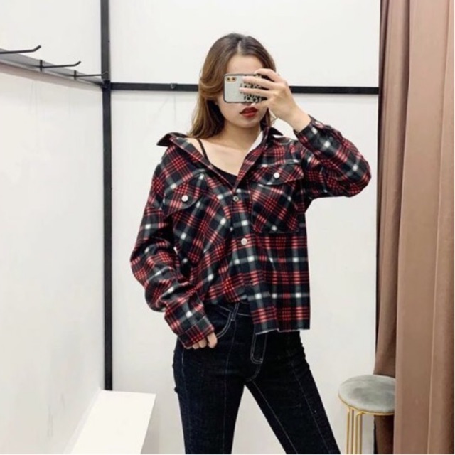 ATASAN WANITA KEMEJA LENGAN PANJANG MERAH HITAM TARTAN
