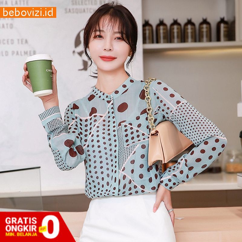 Blouse Korea Green Sifon Jumbo Wanita Blouse Tops Casual Lengan Panjang Import