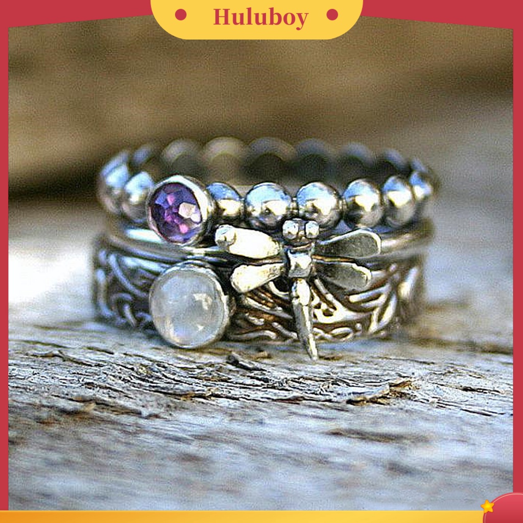 Hu Hu Hu Hu Hu Alat Bantu Pasang Kacamata♡ 3pcs / Set Cincin Silver Wanita Bentuk Capung Hias Batu Permata Imitasi Oval Mini Stackable Untuk Hadiah