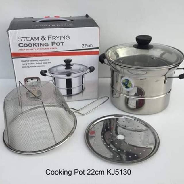 Panci Deep Fryer Baru 3 in 1 Stainless Steel 22cm / Panci Serbaguna Goreng/Kukus/Steamer