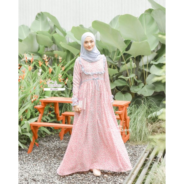 SELSA Dress Emmaqueen Gamis Busui Terbaru Motif Bunga Ruffle Dada