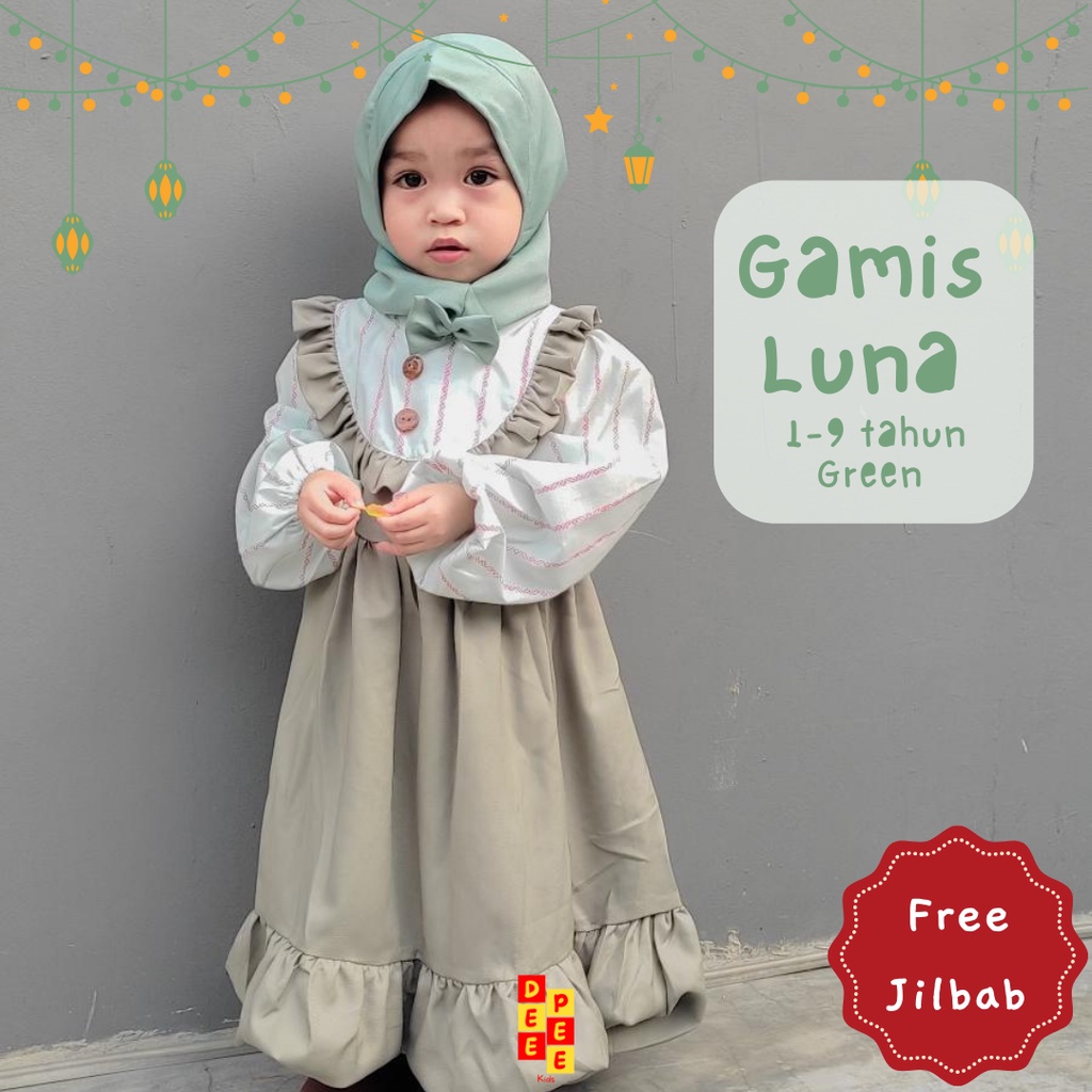 Gamis Luna gamis anak perempuan cewek muslimah bahan shakila stretch dan cotton katun yarn dyed moti