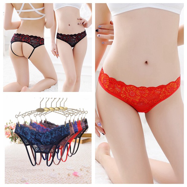 G-String Wanita Open Celana Dalam Sexy Hollow Lace Motif Lingerie c087