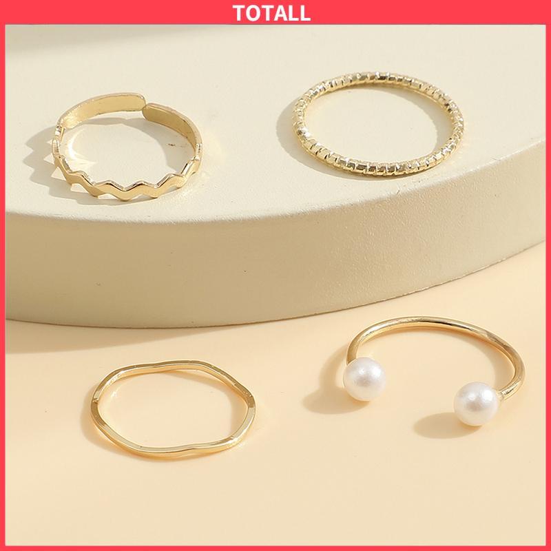 COD 4 Pcs/set Korea Cincin Emas Untuk Wanita Sederhana Mutiara Elegan Cincin Set Dapat Disesuaikan Terbuka Perhiasan Hadiah-Totall