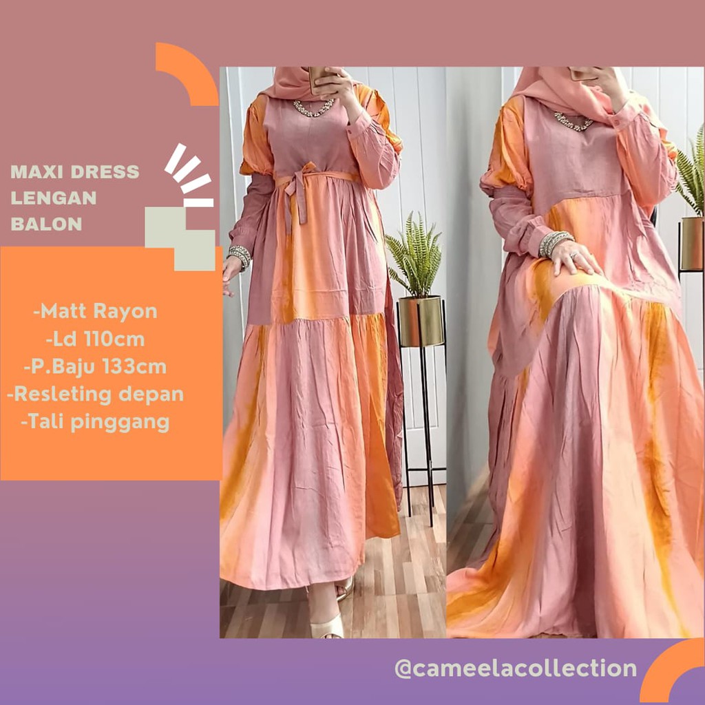Maxi Dress Lengan Balon Matt Rayon Premium Terbaru 2021 Murah Meriah (Free Tali Pinggang)