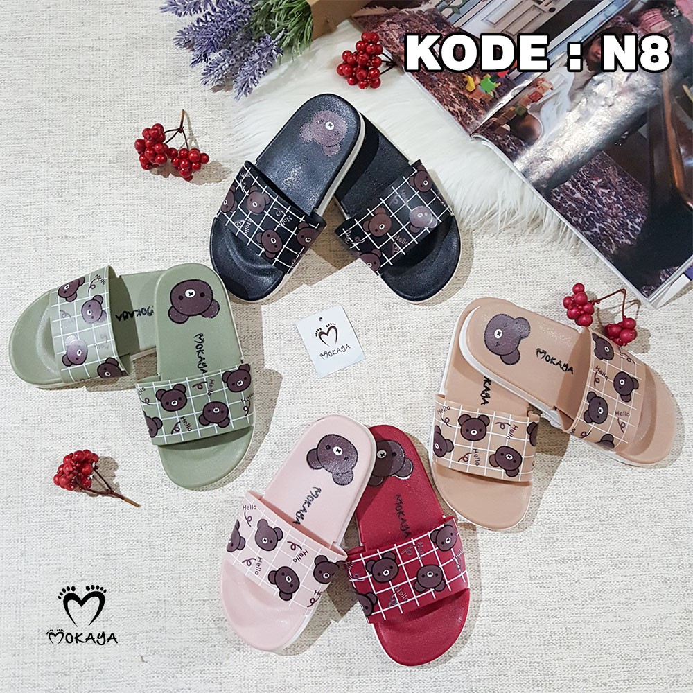 Sandal Slop Anak Cewek Motif Bear Brown kotak Lucu Cantik Import Mokaya/ Size 24-35 (N8)