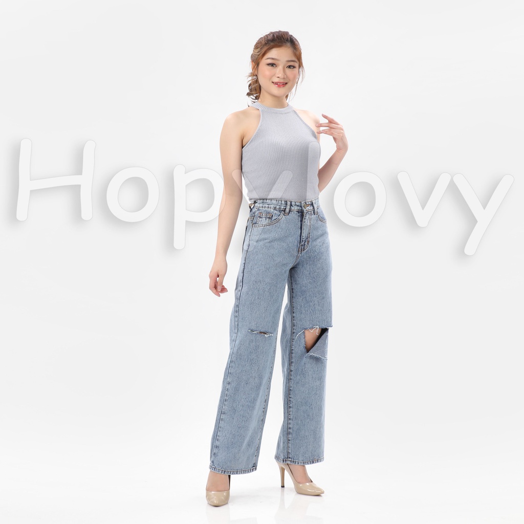 HOPYLOVY JUMBO SIZE Celana Kulot Jeans Wanita Big Size Sobek Destroy Lutut Nessa Jumbo