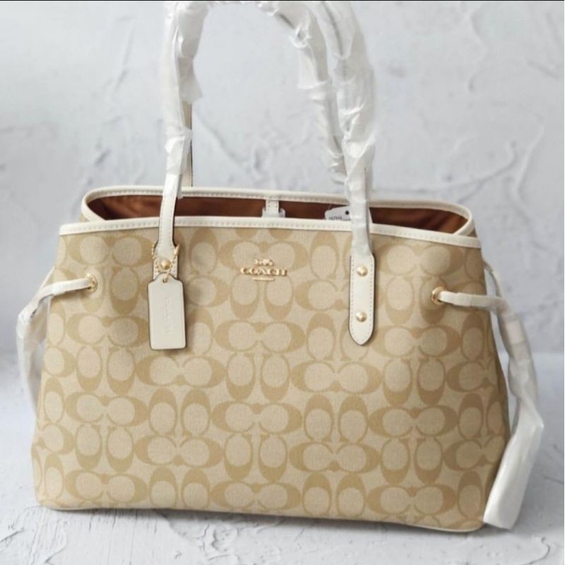 Tas coach drawstring carryall tote signature vanilla asli