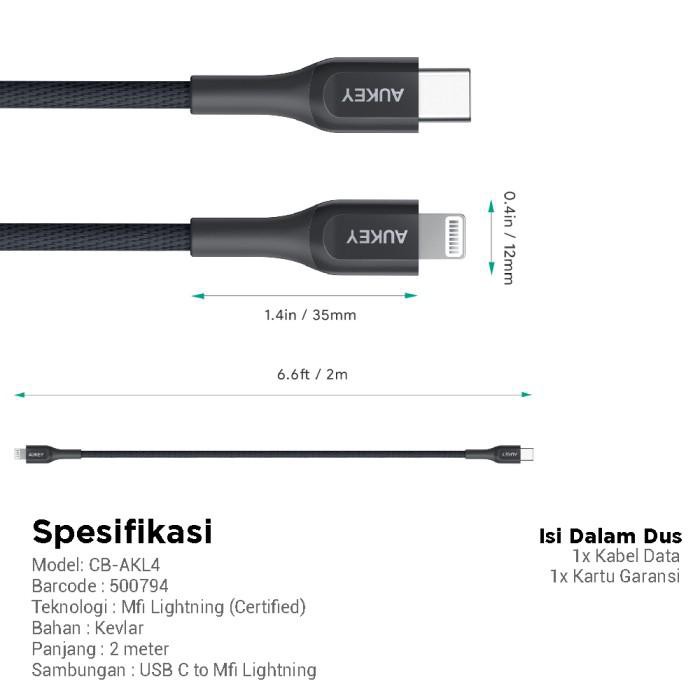 Aukey Cable Kevlar Type C to Lightning MFI - 2m - 500794 - CB-AKL4