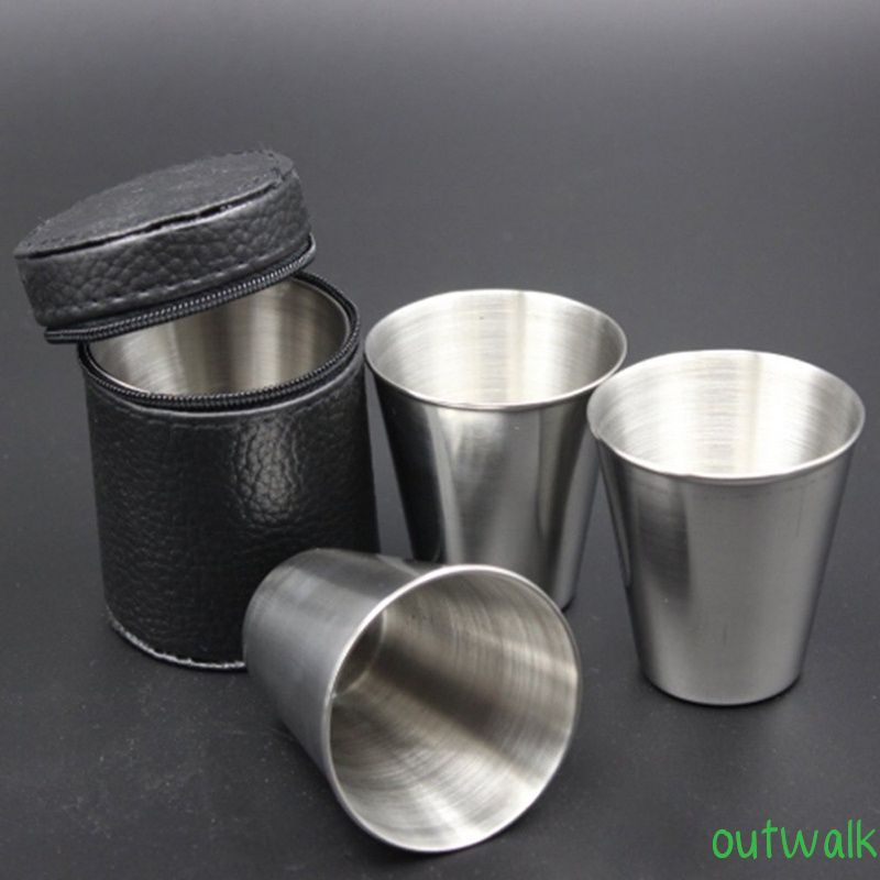 4Pcs/set Polished 30ML Mini Stainless Steel Shot Cup Wine Drinking Glasses With Leather Cover Bag For Home Kitchen Bar OWT