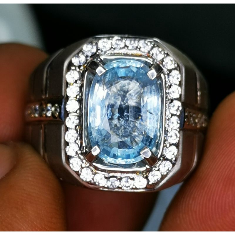 Batu permata natural blue Aquamarine Ring perak asli