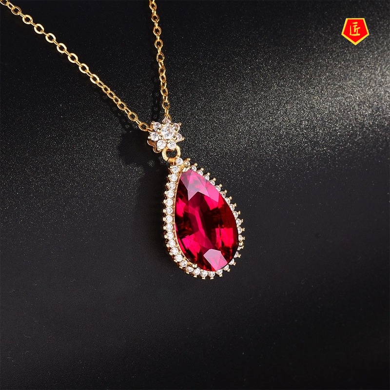 [Ready Stock]Elegant Pear-Shaped Colored Gems Pendant Gold Necklace