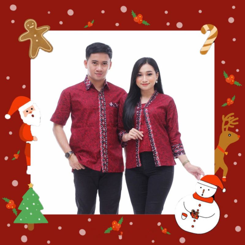 [ EDISI NATAL ] Batik Couple Pria Wanita Atasan Kemeja Batik Mega Mendung Merah By Batikid