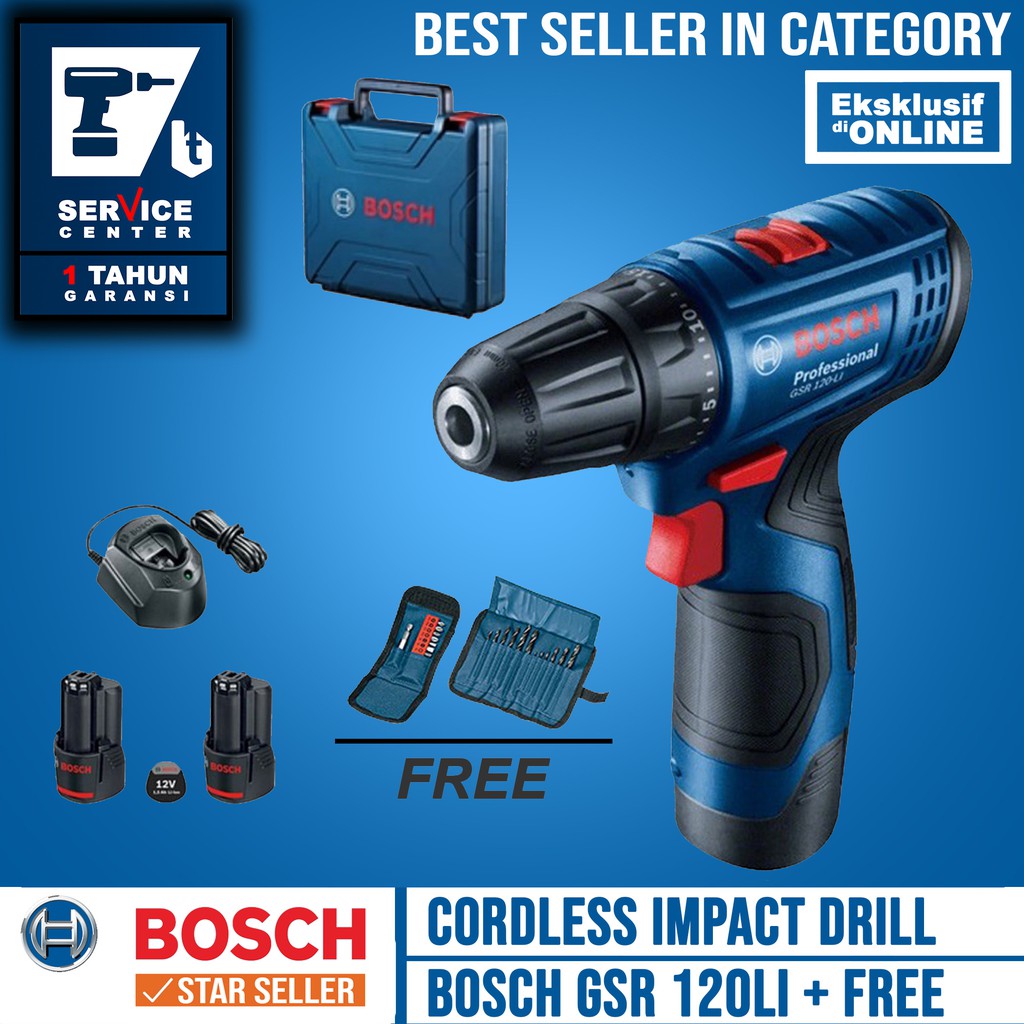 Bosch Mesin Bor Tembok Baterai GSR 120 LI Cordless Free Mata Bor & Obeng