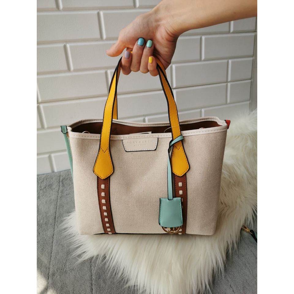 TB PERRY CANVAS SMALL TRIPLE  COMPARTEMENT TOTE BAG / PERRY TOTE BAG