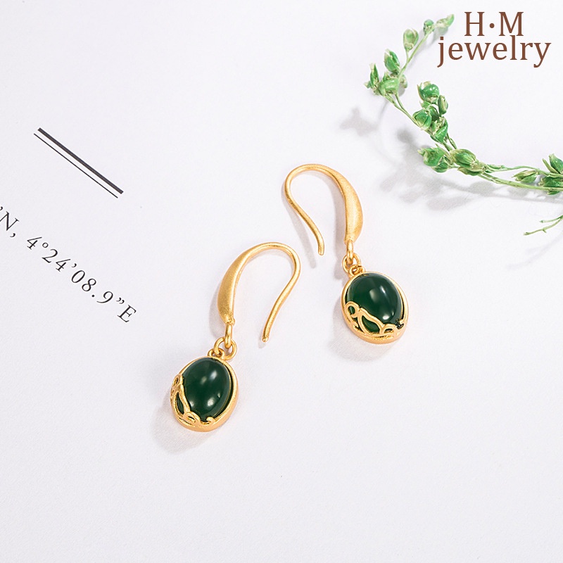 Anting Stud Giok Hetian Jasper Gaya Retro Perancis Untuk Wanita