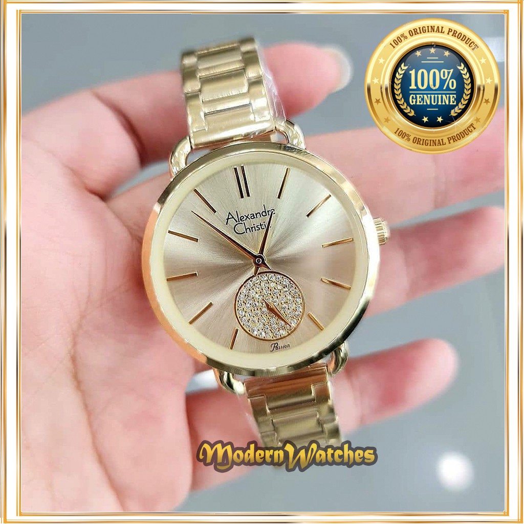 Jam Tangan Ori Wanita Terbaru Alexandre Christie AC 2907 Gold Emas Rantai Alexander Swarovski