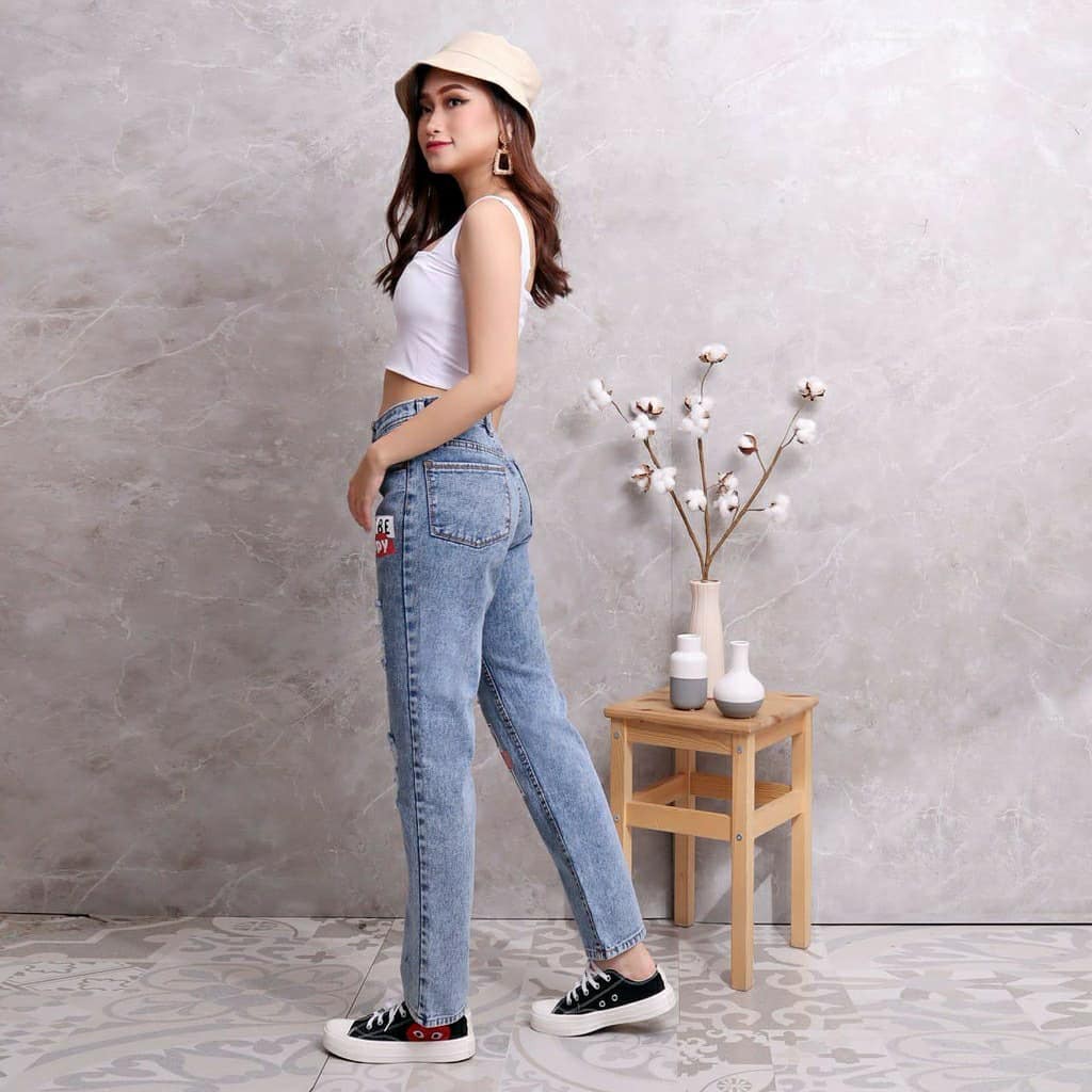 Boyfriend Jeans Sablon Wanita Premium Celana Baggy Boyfriend Jeans Ripped