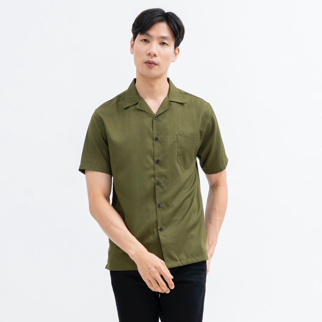 SANVANINA Kemeja Bowling Shirt Basic Army Green | Kemeja Polos Santai Hijau Army E-1445J