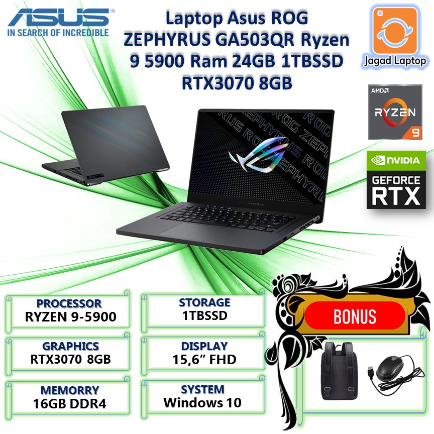 Laptop Asus ROG ZEPHYRUS GA503QR Ryzen 9 5900 Ram 24GB 1TBSSD RTX3070 8GB W10 15.6QHD