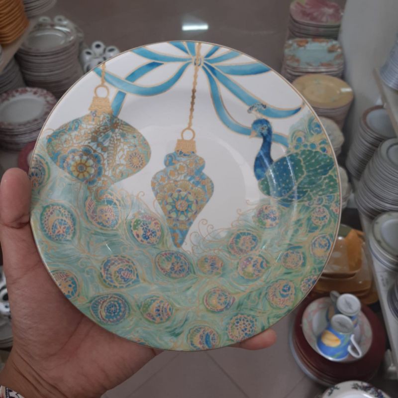 PEACOCK CAKE PLATE PIRING LEPEK KERAMIK SANGO MOTIF BURUNG MERAK HIAS DEKOR TURKEY PAJANGAN