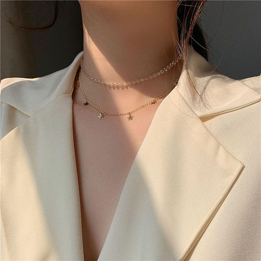 Mxbeauty Kalung Choker Rantai Klavikula Multi Layer Aksen Manik-Manik Bening Gaya Minimalis