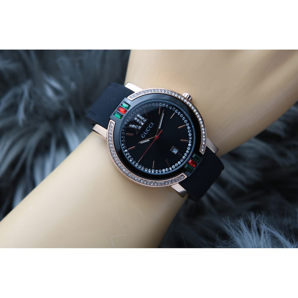 Jam Tangan Wanita Analog Fashion New Gucci Premium Tanggal Tali Rubber