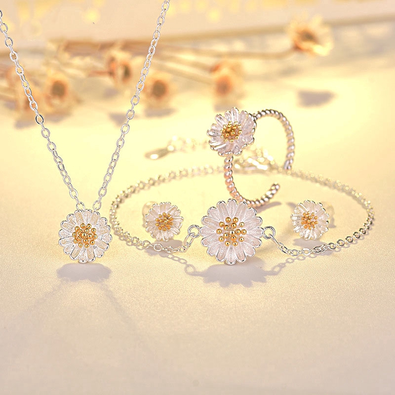 Kalung Cincin Gelang Daisy Flower Necklace Ring Bracelet Women Fashion Jewelry Set Accessories Gifts