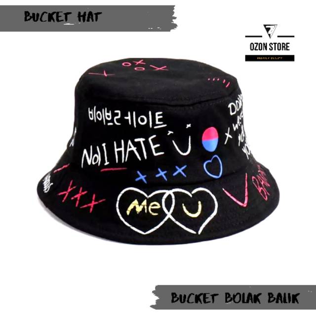 Topi Bucket Distro Pria / Wanita Hat Hitam Bolak Balik - Bucket Hat BADAS