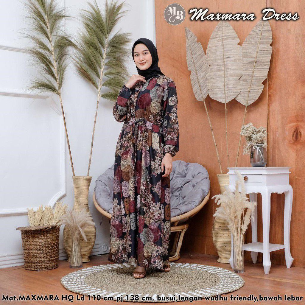 Maxmara Dress - Gamis Terbaru Maxmara Lux  Premium Dress Wanita Lengan Panjang Maxi Dress Kekinian LD 110 cm