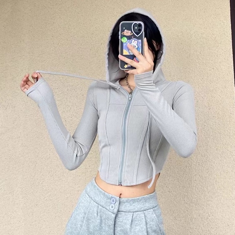 【MISSHONEY】Cropped Drawstring Full Zip Hoodie Sweatshirt 7444