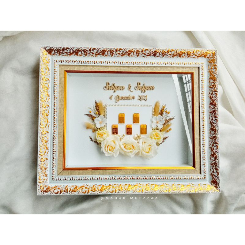 MAHAR FRAME KLASIK RUSTIC UANG KERTAS LOGAM MULIA ANTAM EMAS BATANGAN MAS KAWIN PERNIKAHAN KEKINIAN 