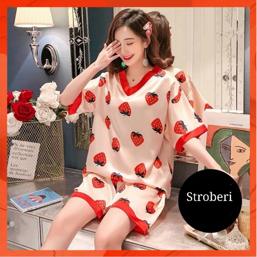 Set piyama sutra wanita 1set pakaian tidur kaus longgar kartun lucu lengan pedek+celana pendek