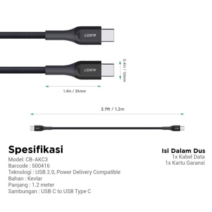 45 AUKEY CB-AKC3 - IMPULSE TITAN CC - USB-C to USB-C Kevlar Cable - 1.2M