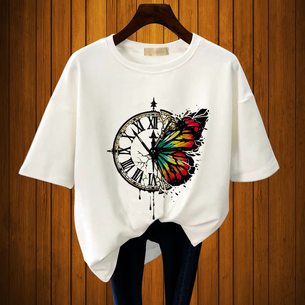 CALVIERO SHOP - BAJU KAOS WANITA DEWASA PRINT BUTTERFLY CLOCK CASUAL T SHIRT