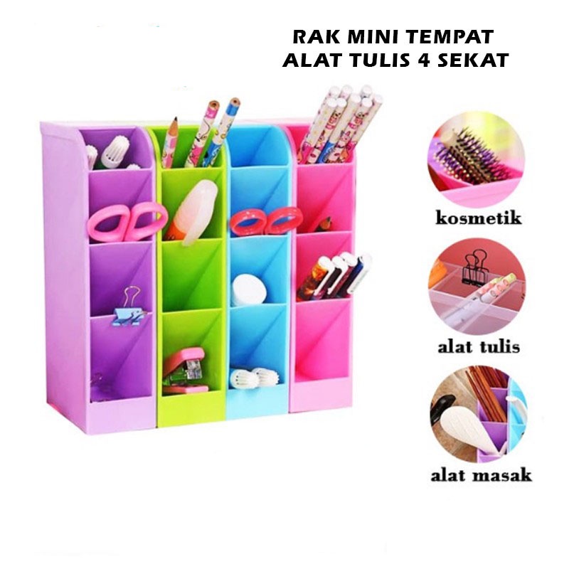 Rak Mini 4 Sekat / Tempat Penyimpanan ATK Pena Pensil Pulpen Gunting Sendok / Kotak Organizer Tempat Alat Tulis Meja Kerja Belajar Remot AC TV Kipas Brush Make Up Kosmetik Dasi Kaus Kaki Celana Dalam Underwear Kamar Tidur Ruang Tamu Kantor Serbaguna