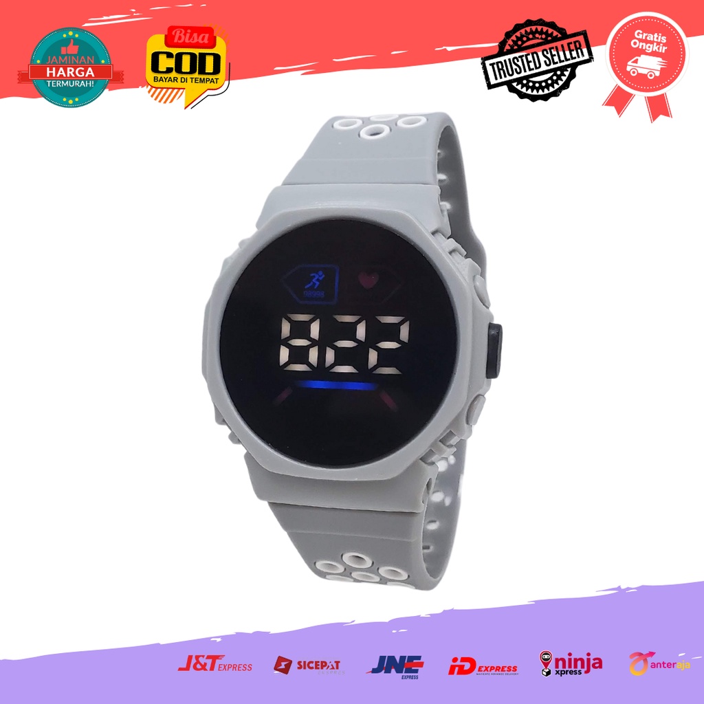 [COD] Jam Tangan Fashion Korea Elektronik Digital LED Digital Wanita Pria Remaja Bulat Rubber-Abu