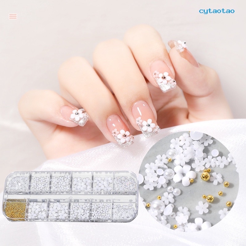 12PCS 3D FLOWER RESIN WEDDING NAIL HIASAN KUKU BUNGA AKRILIK TIMBUL BUNGA PUTIH MIX SIZED 3D ACRYLIC FLOWER