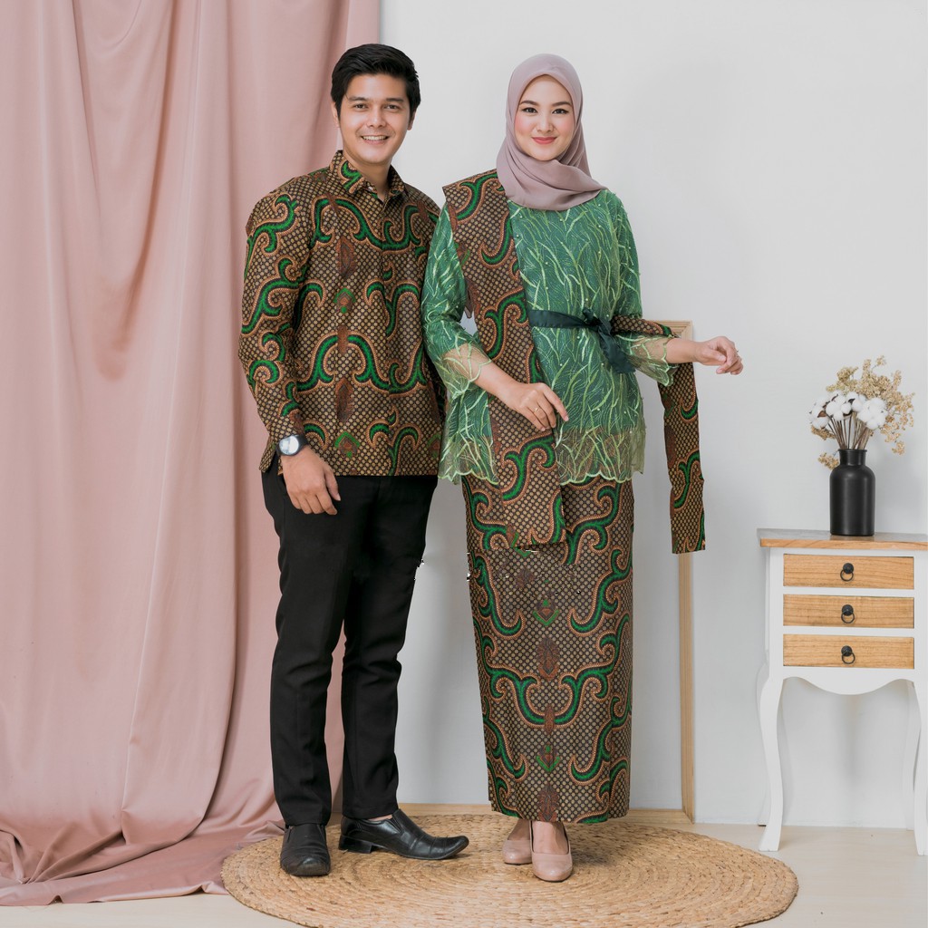 Batik Couple Rok Spand Wiron Atasan Pakaian Kemeja Reguler Batik Lengan Panjang Ranting Hijau
