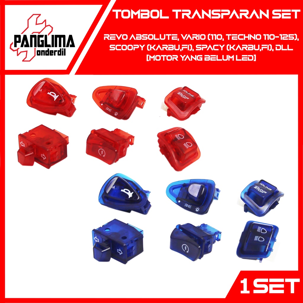 Tombol Transparan Set Revo Absolute/Beat FI-Pop-eSP-Street-Karbu-K25-K81/Vario 110-Techno 110-125/Scoopy/Spacy/Supra X 125/Blade Old-New Saklar-Switch Klakson-Lampu Depan-Jauh-Dim-Sein-Sen-Idling Stop-Starter 6 Pcs Biru Merah