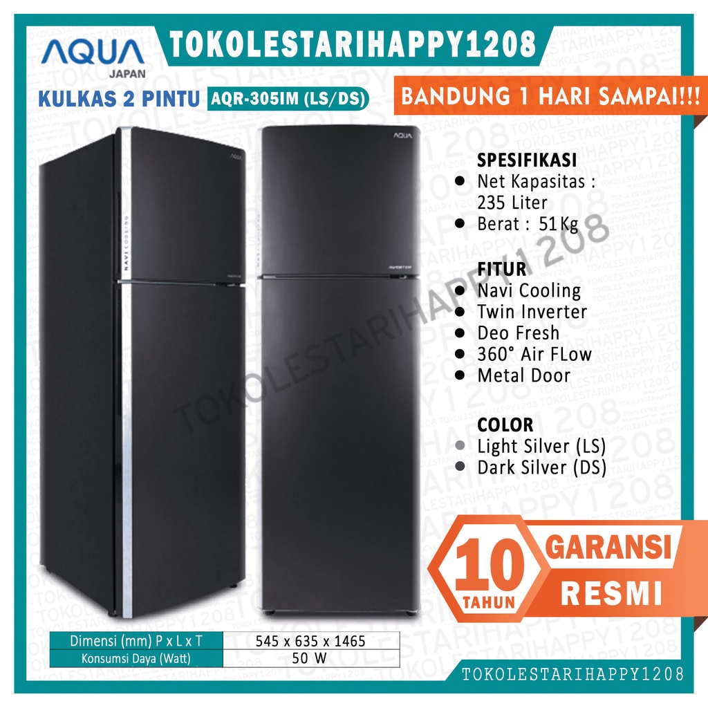 KULKAS 2 PINTU AQUA AQR-305IM AQR 305 IM 235 LITER NAVI COOLING GARANSI RESMI
