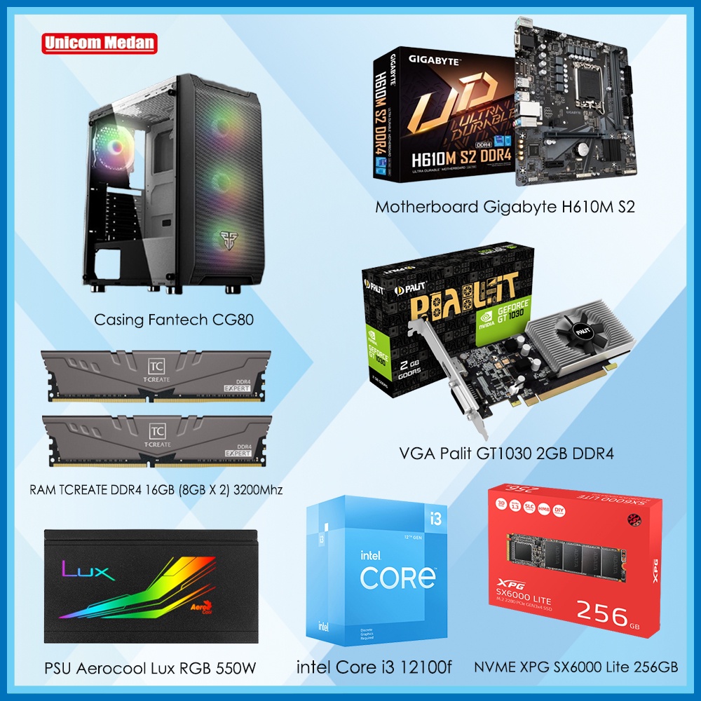 PC RAKIT i3 12100F/ 16GB DDR4 3200MHZ/ H610/ NVME 256GB/ GT1030 2GB