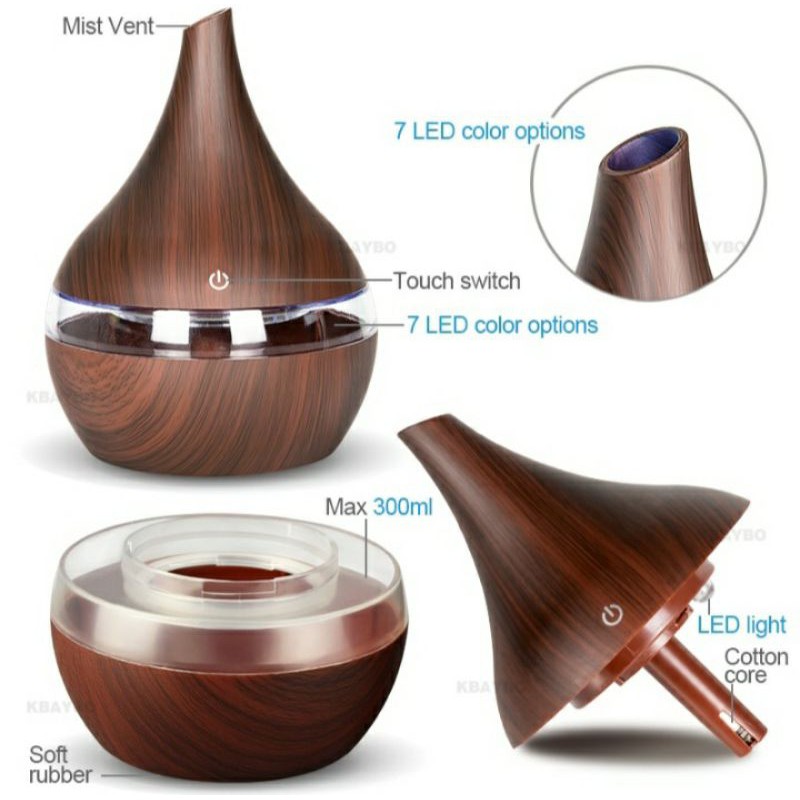 1 KBAYBO ULTRASONIC AIR HUMIDIFIER AROMATHERAPY WOOD GRAIN 300 ML PENGHARUM RUANGAN-5