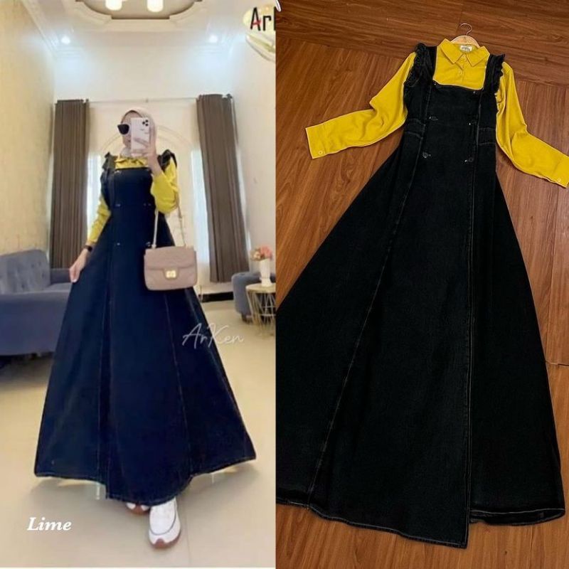 Overall jeans, Fashion Muslim,  fashion wanita, Overall jeans wanita.Dress Bianca 2 in 1