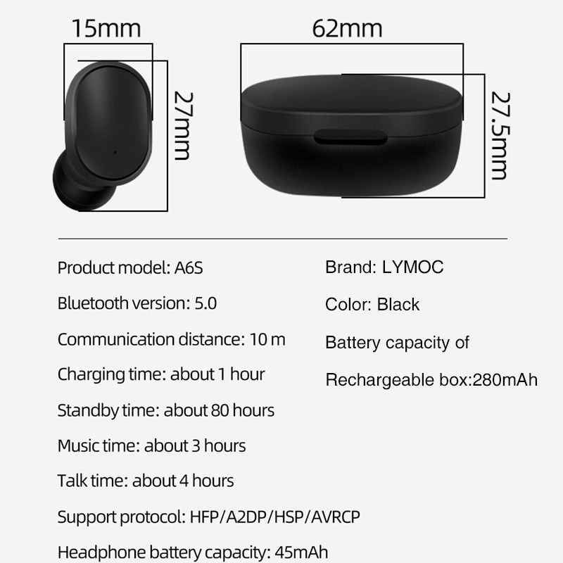 Robotsky TWS Sport Earphone True Wireless Bluetooth with Charging Dock - A6S - Black