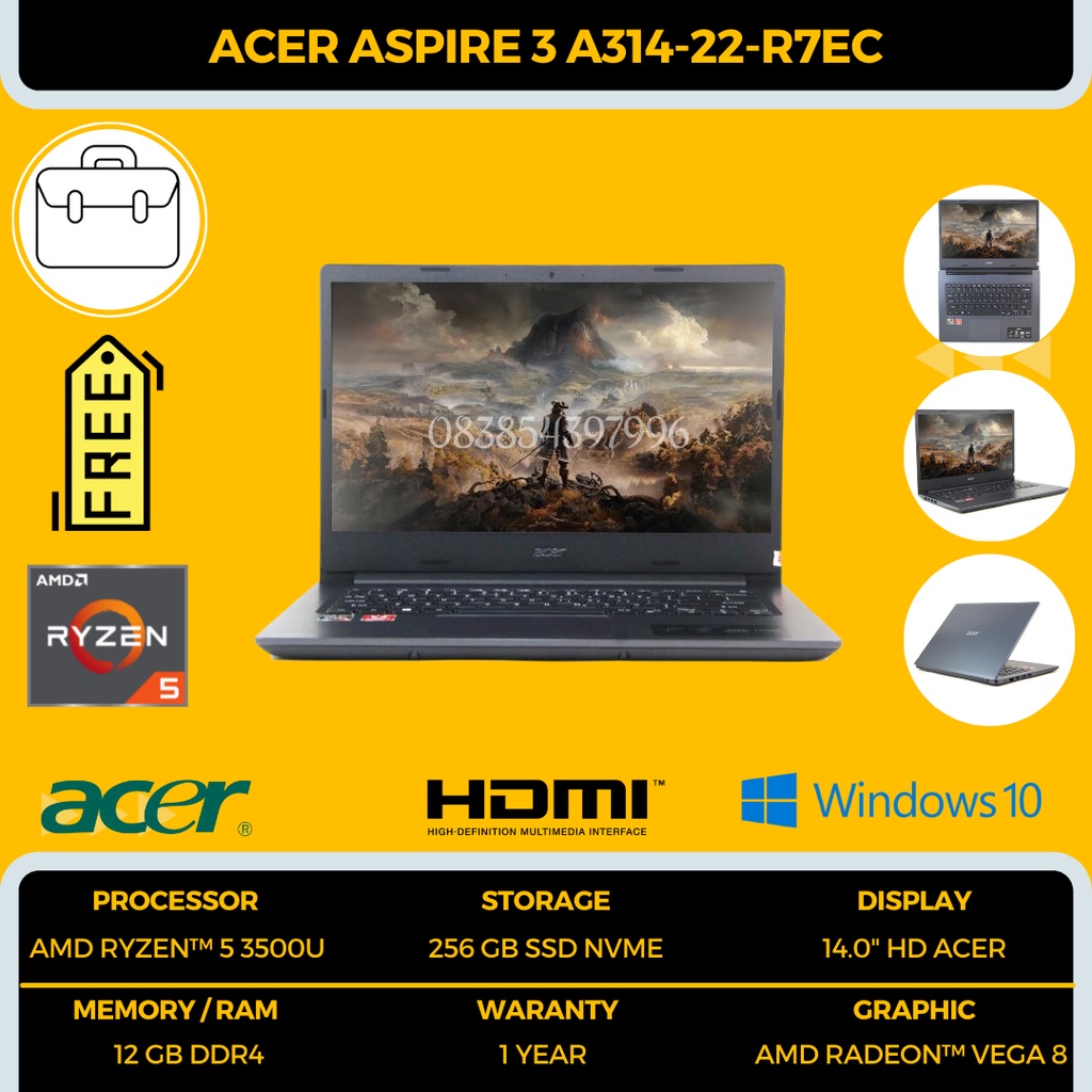 ACER ASPIRE 3 SLIM A314-22-R7EC [14&quot;HD/AMD RYZEN5-3500U/12GB/SSD 256GB/WINDOWS 10+OFFICE/BLACK] - TEKNO KITA