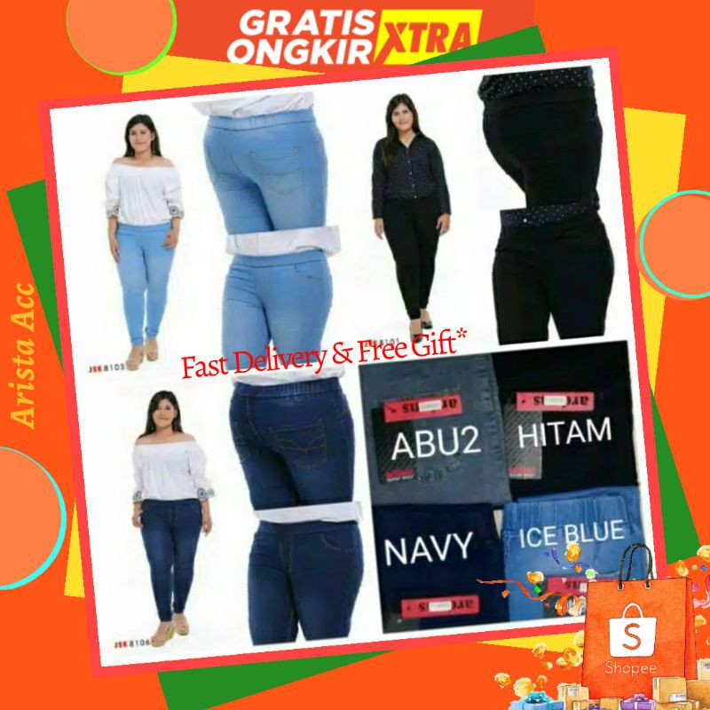 POPULER Celana Wanita Size Jumbo Jeans Skinny softjeans Legging Pinggang Karet Melar Anti Begah